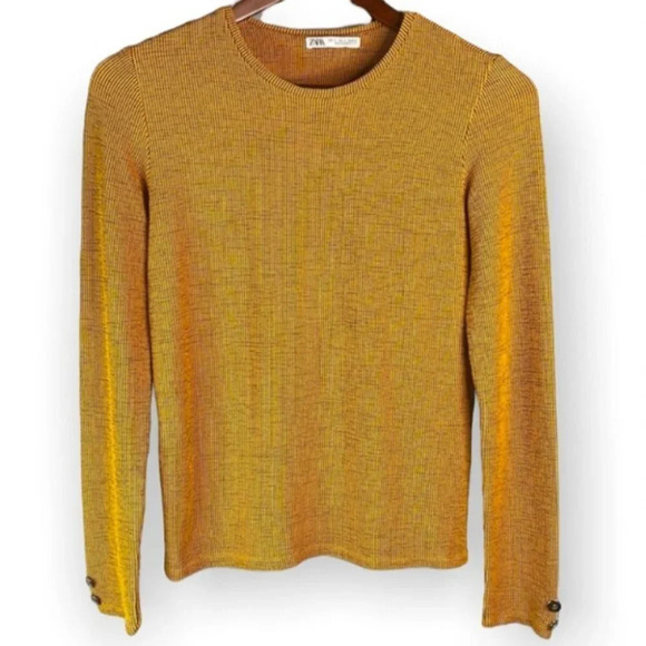 ZARA Ribbed Top Mustard Navy Ribbed Stretch Long Sleeve Textured Crew S - Picture 2 of 11